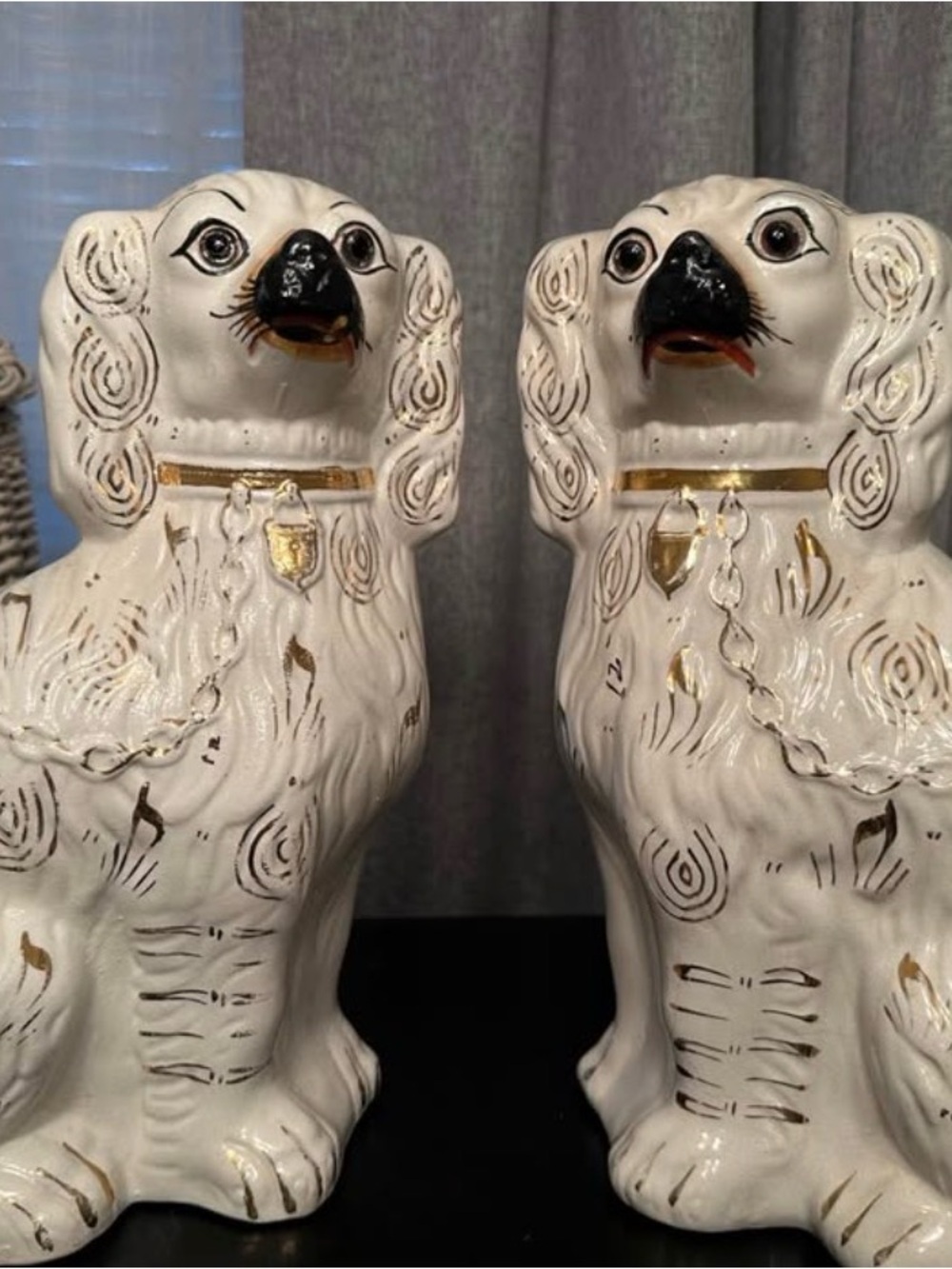 White Ceramic Staffordshire-Style Dog Figurine Pair with Gold Accents